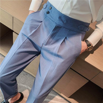 Riolio British Style Men High Waist Casual Dress Pant Men Belt Design Slim Trousers Formal Office Social Wedding Party Dress Suit Pants